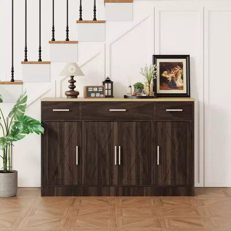 Buffet de cuisine Celebalcony avec rangement, grand buffet de cuisine de 135,6 cm avec 3 tiroirs et 4 portes, étagère réglable pour cuisine, salon