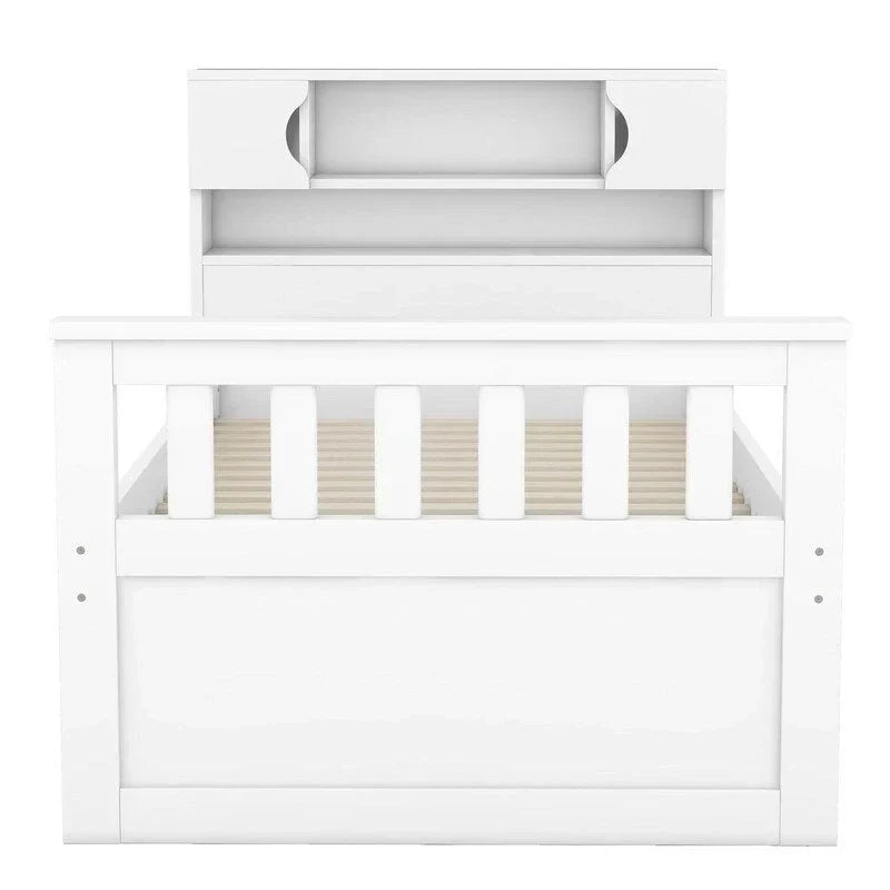 Lit plateforme capitaine double/grand avec 4 tiroirs et étagères de rangement, cadre de lit en bois massif avec tête de lit bibliothèque de rangement