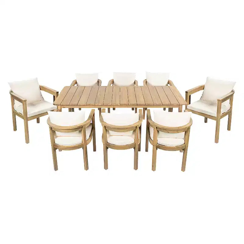 Ensemble de salle à manger d'extérieur rustique Christopher Knight Home Irene 9 pièces en bois d'acacia avec chaises à dossier incurvé et coussins