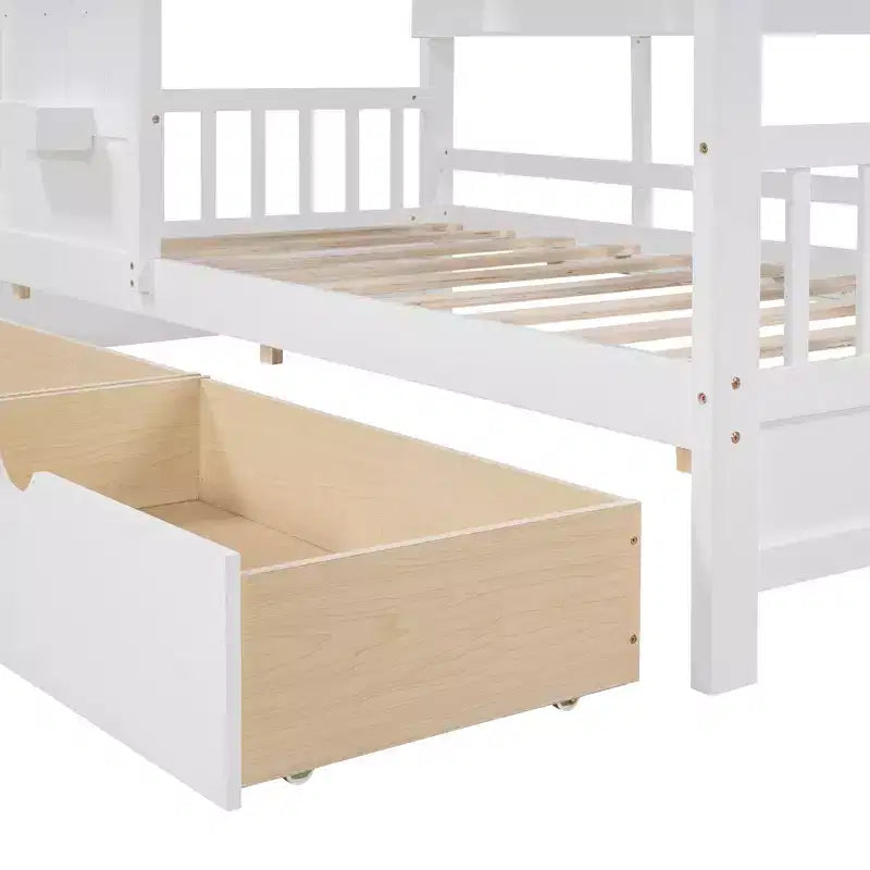 Lit cabane en bois double/complet avec 2 tiroirs, lit pour enfants avec étagère de rangement - ModernLuxe