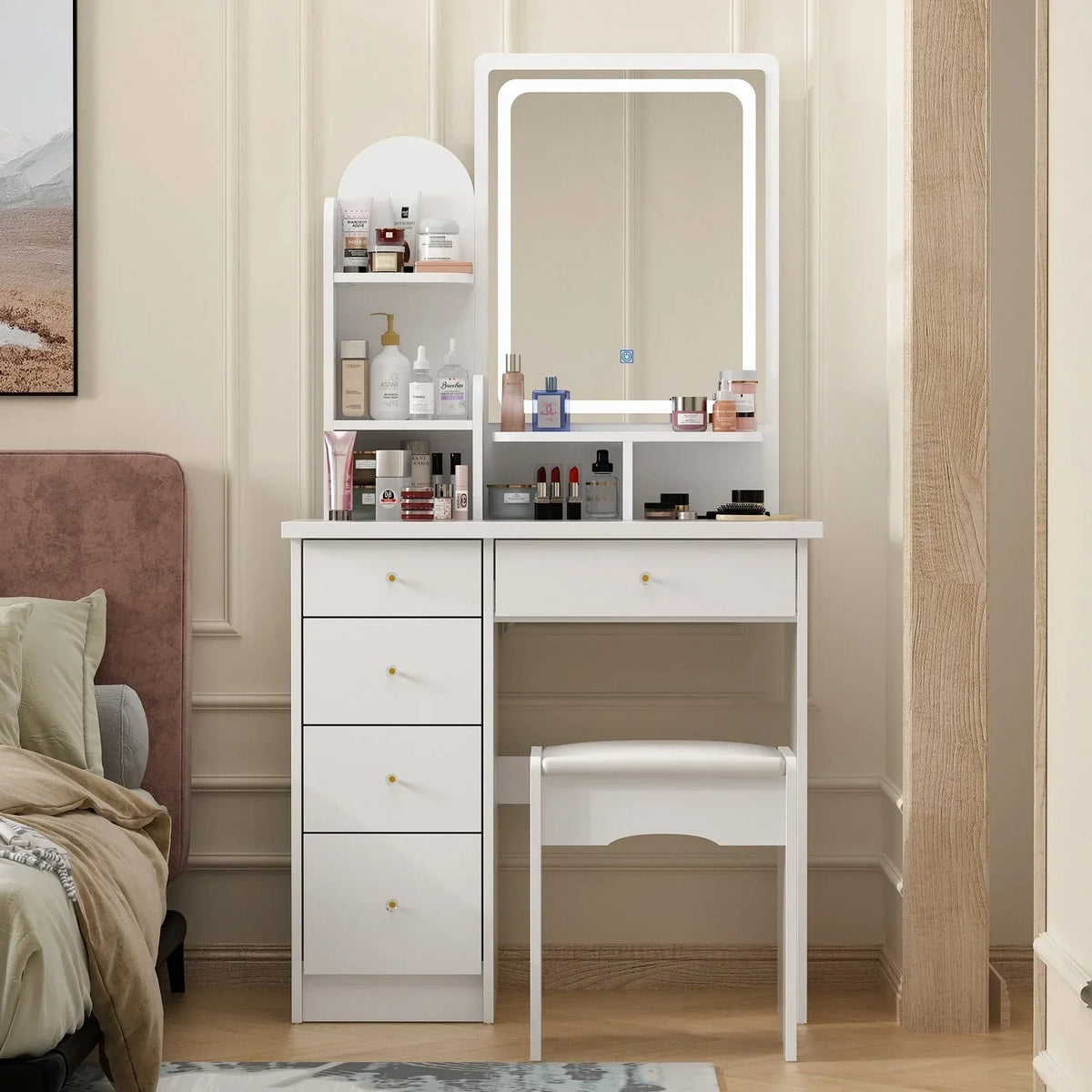 Coiffeuse avec miroir LED intégré et tabouret