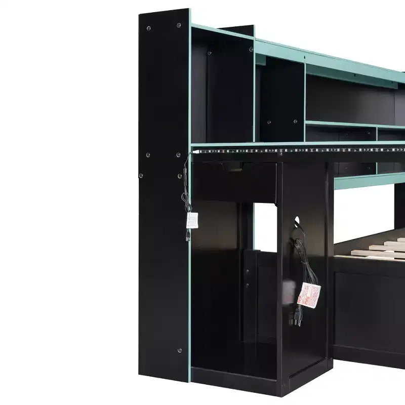 Lit de repos Gamer Hub avec bureau, lumières RGB, station de recharge, tiroirs de rangement et tête de lit bibliothèque