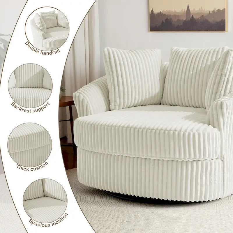 Lot de 2 fauteuils pivotants ronds surdimensionnés en velours côtelé moelleux de 43 po de large avec oreillers