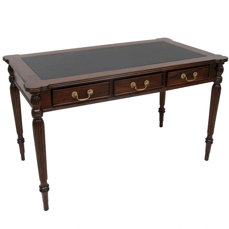 Bureau victorien en acajou massif, brun foncé/brun clair, avec plateau en cuir noir et 3 tiroirs – Unité individuelle