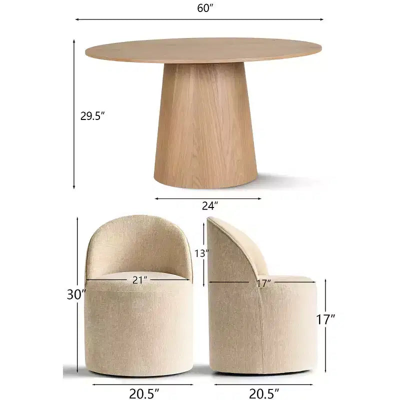 Ensemble de salle à manger moderne pour 6 personnes, table à manger ronde avec pied central, chaises de salle à manger pivotantes à roulettes, tissu chenille texturé - Panipeachy