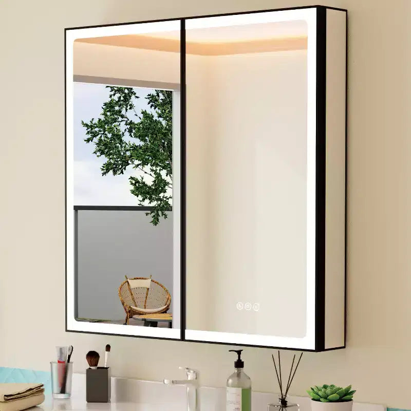 Armoire de toilette avec miroir LED, montage en saillie ou encastré, lumière dimmable, anti-buée, étagères réglables