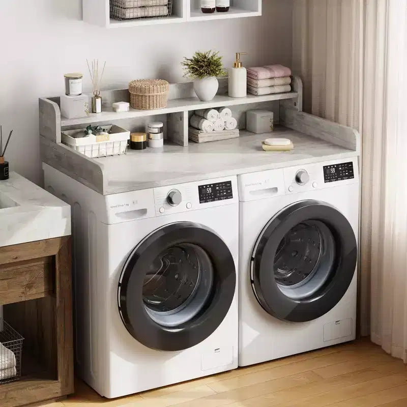 Comptoir de lave-linge et sèche-linge à 2 niveaux avec étagère ou tiroirs, couvercle de comptoir de buanderie avec coussin antidérapant, 54x27,5 - Dessus de lave-linge pour plier les vêtements