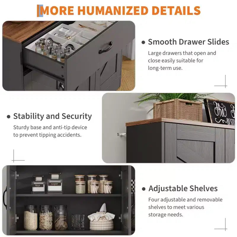 Meuble de cuisine de 71 pouces avec station de recharge, grand plan de travail, support à micro-ondes et 2 tiroirs, rangement de type « hutch » pour salle à manger et salon