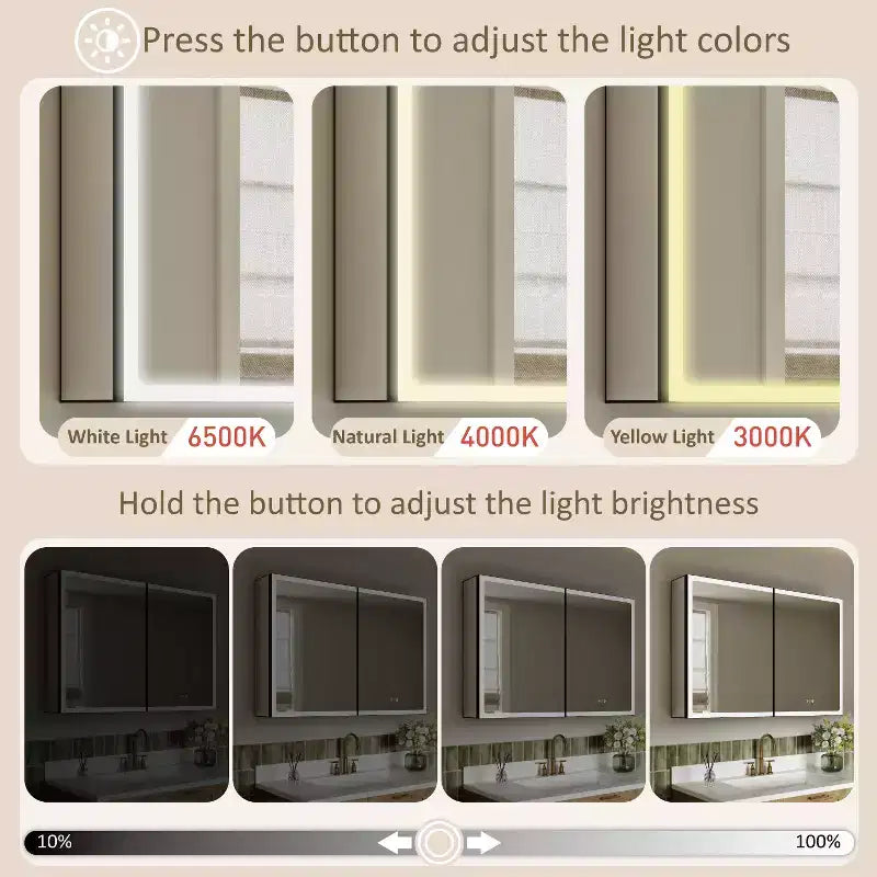 Armoire de toilette avec miroir LED, montage en saillie ou encastré, lumière dimmable, anti-buée, étagères réglables