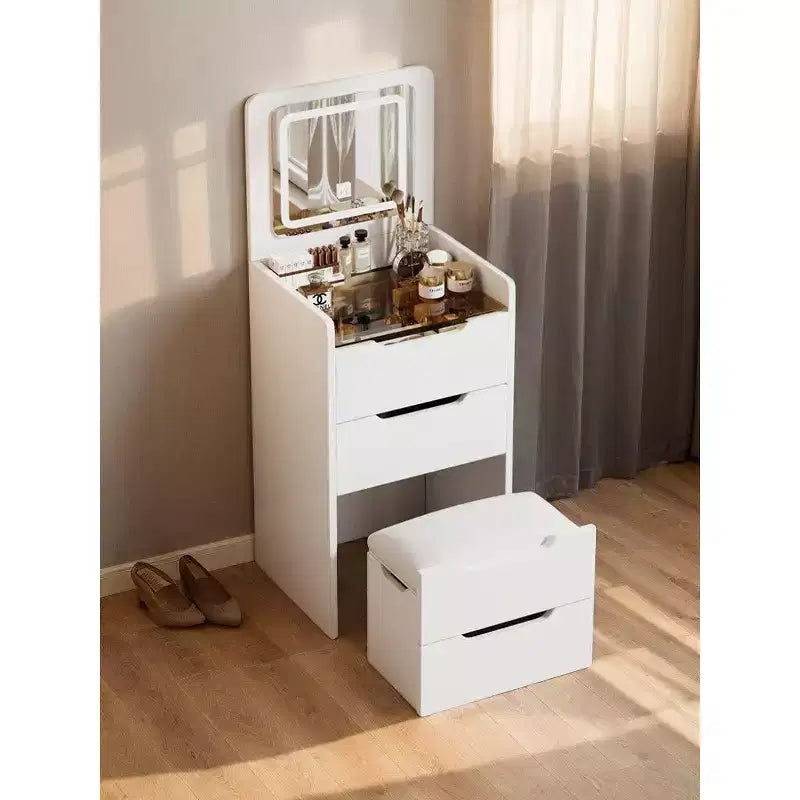 Coiffeuse 3-en-1 Okak avec miroir rabattable, coiffeuse compacte avec plateau en verre visible et tabouret rembourré, coiffeuse pour chambre à coucher