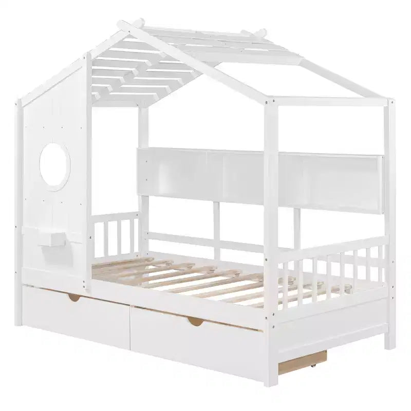 Lit cabane en bois double/complet avec 2 tiroirs, lit pour enfants avec étagère de rangement - ModernLuxe