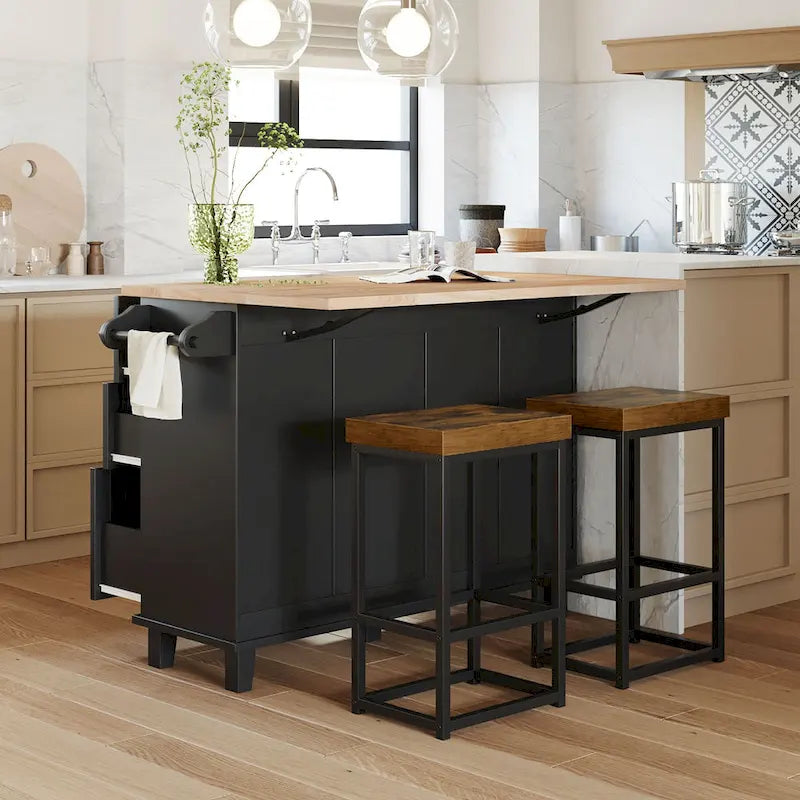Ensemble d'îlot de cuisine TOPMAX avec abattant et 2 tabourets, ensemble de table à manger avec étagère réglable, tiroirs et porte-serviettes