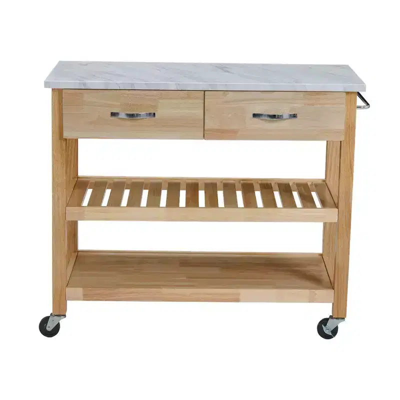 Desserte de cuisine roulante avec plateau en marbre, îlot de cuisine en bois massif avec 2 tiroirs, chariot de cuisine à 3 niveaux avec roues détachables verrouillables et porte-serviettes