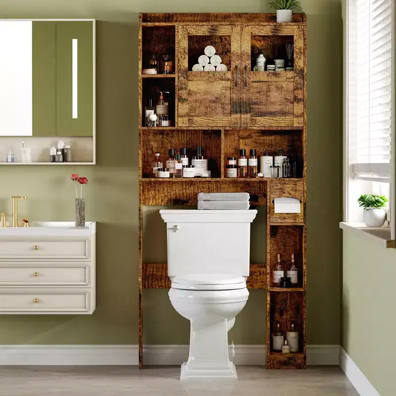 Meuble de rangement pour toilettes – Organisateur de salle de bain de style ferme de 171 cm de haut avec étagère réglable et porte en verre pour salle de bain, buanderie